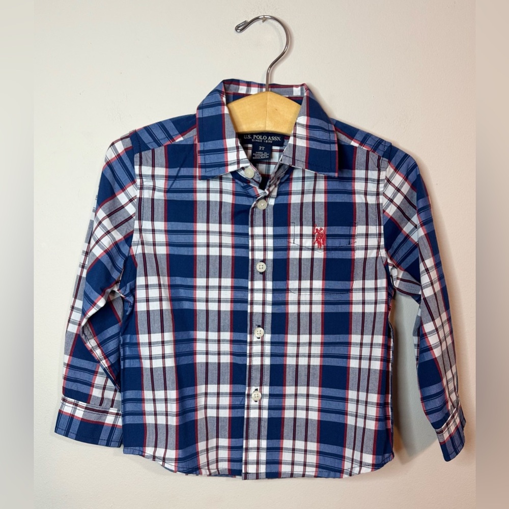 NWOT US Polo Association | Blue & Red Plaid Toddler Button Down Shirt | Size 2T